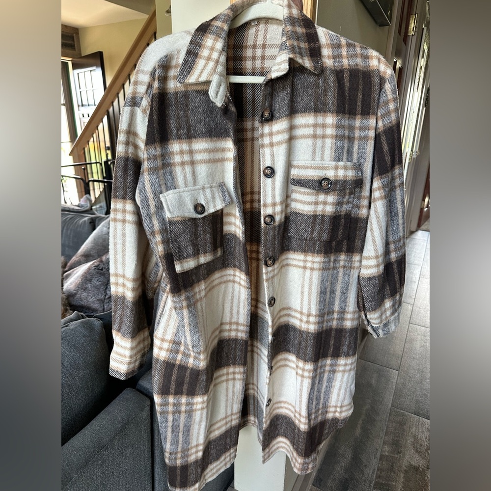 Plaid Shacket Jacket in Cream & Brown